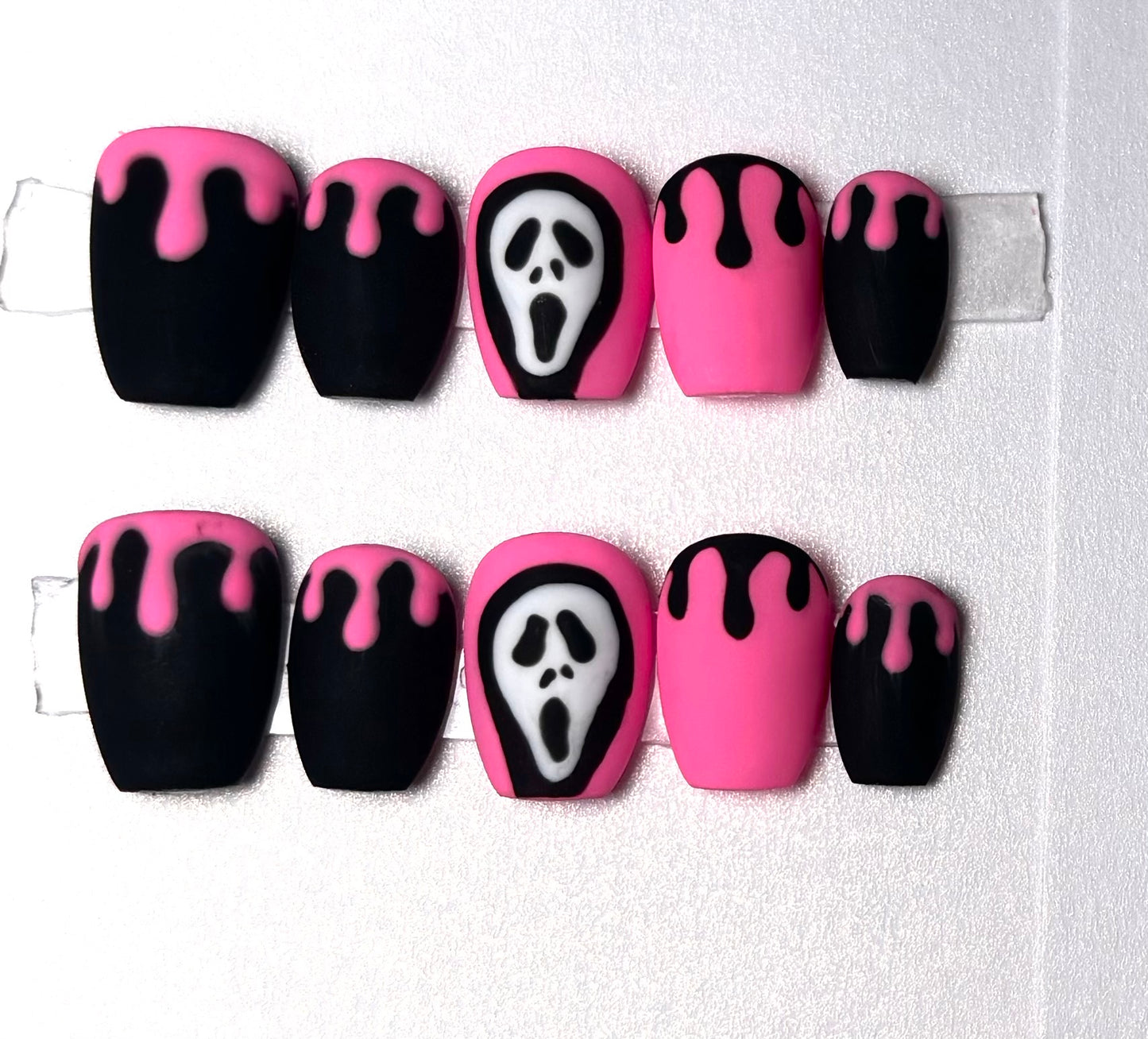 Pink & Black Drip Horror Press-On Nails with Ghost Face Design