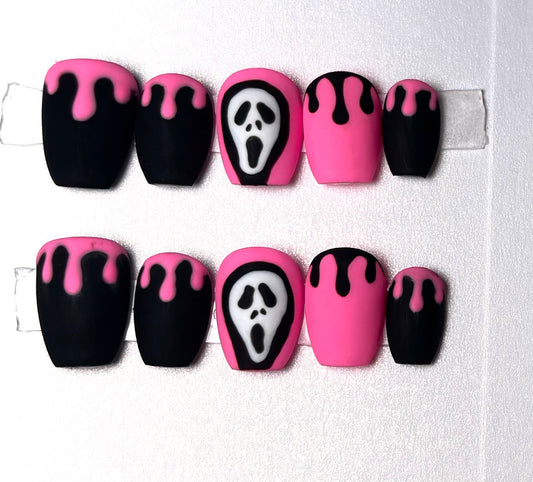Pink & Black Drip Horror Press-On Nails with Ghost Face Design