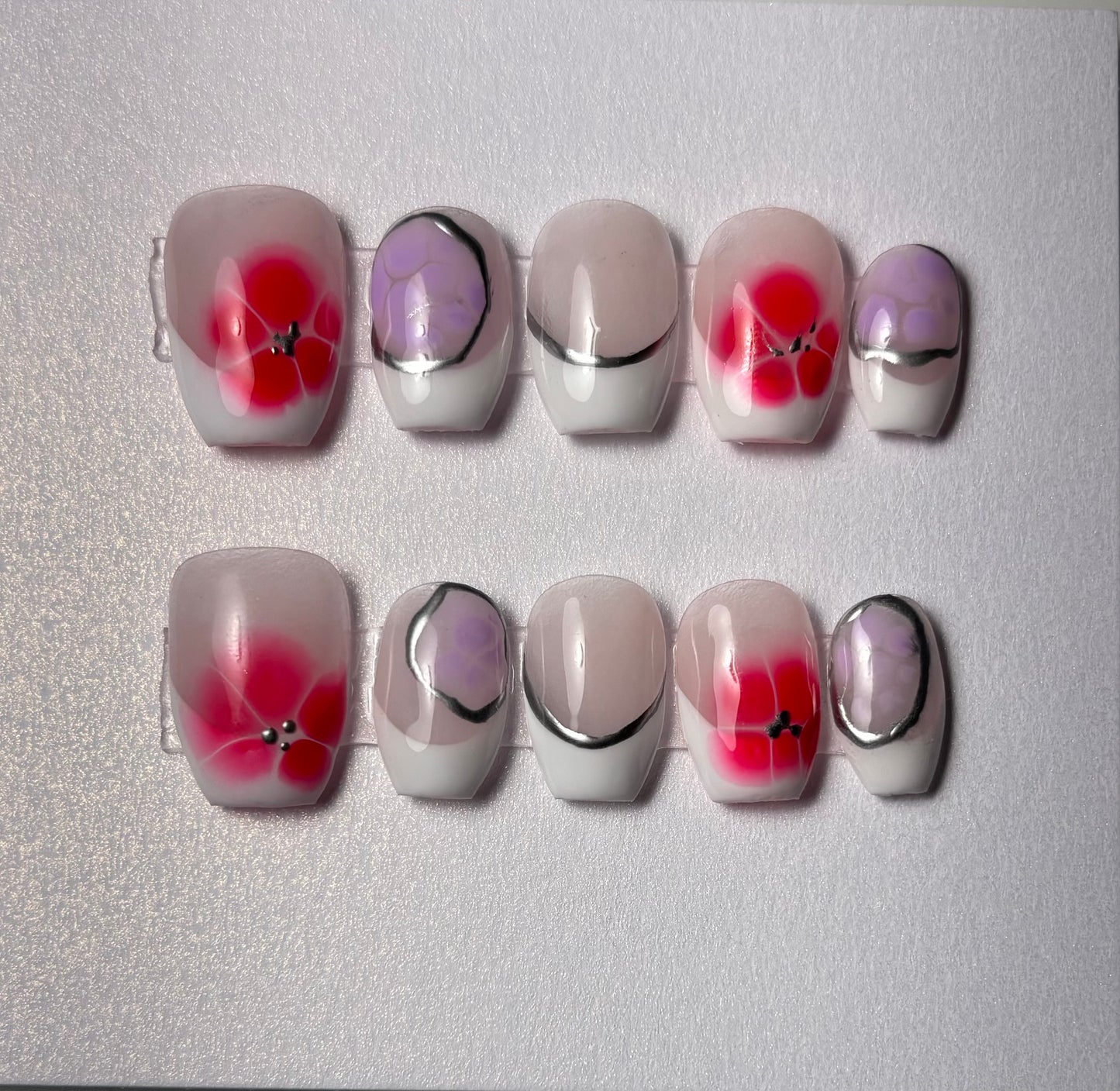 White French Tip Press-On Nails with Red Flower Design
