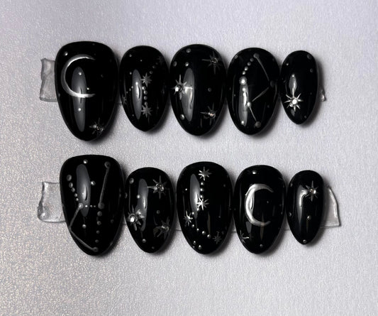 Black Celestial Star & Moon Press-On Nails – Cosmic Night Sky Design