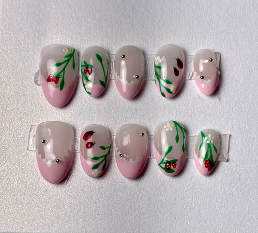 Blush Pink French Tip Press-On Nails with Floral Art & Rhinestone Accents