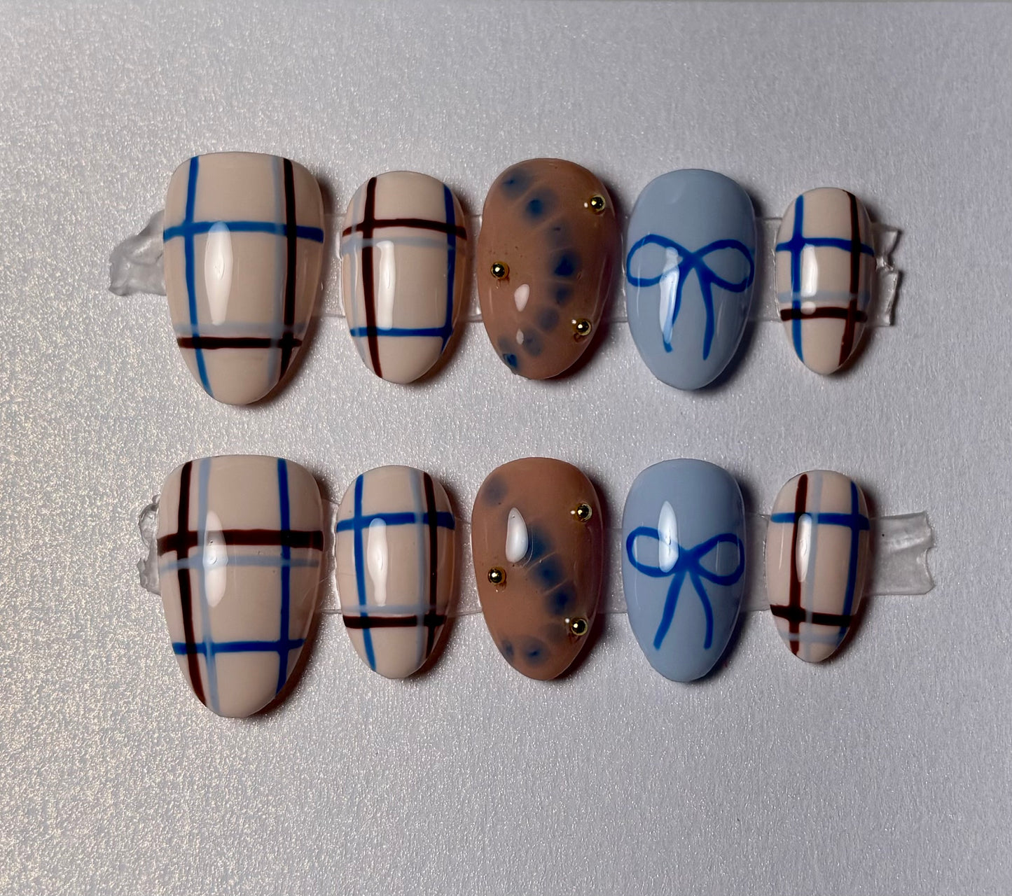 Neutral Plaid & Blue Bow Press-On Nails