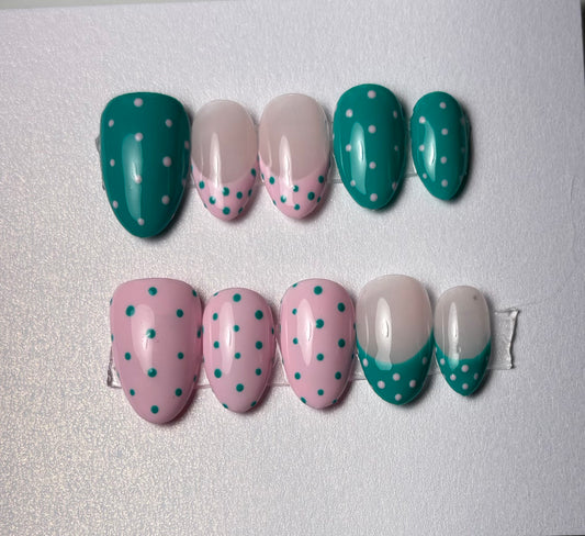 Green & Pink Polka Dot Press-On Nails